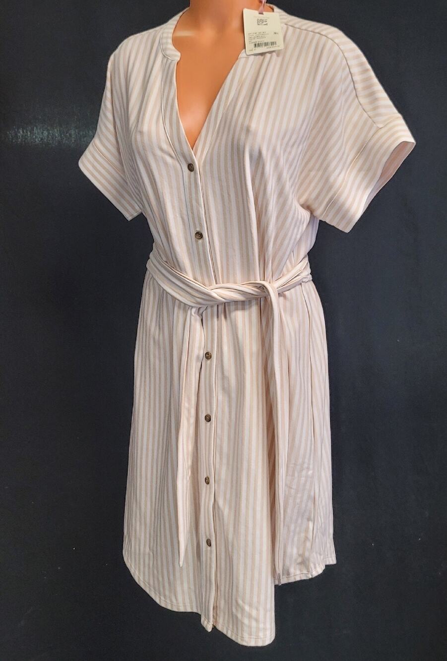 Alex Marie Sand White Lauren Dress Striped Short Sleeve Button Down Belted XL
